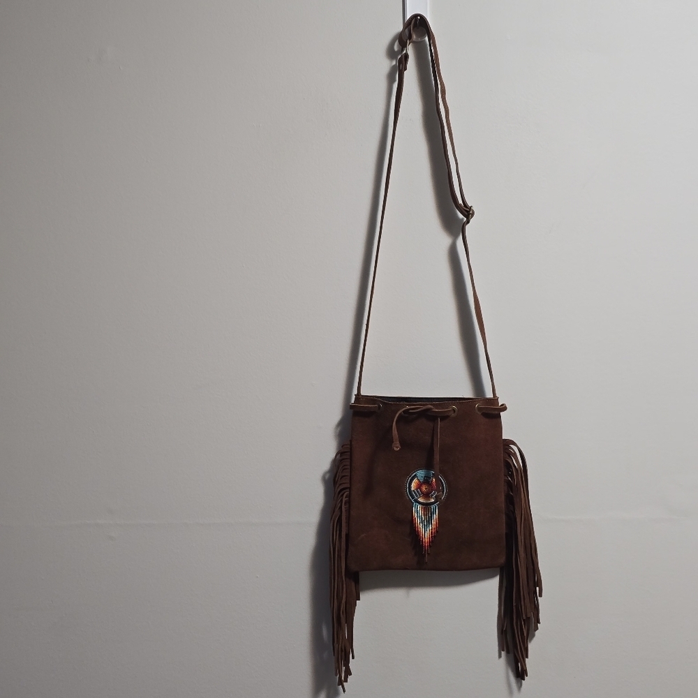 Artisana Fordana Brown Fringe Soft Suede Leather  Crossbody Bag With Beads Deco
